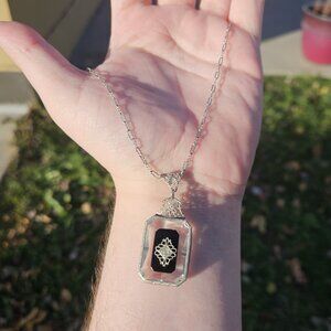 Cemphor Costume Jewelry Silver Tone Crystal Black Onyx Pendant with Necklace 15"